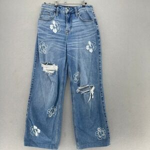 Hollister High-Rise VTG Baggy Stretch Hibiscus Flower Distressed Jeans 26x34 *28